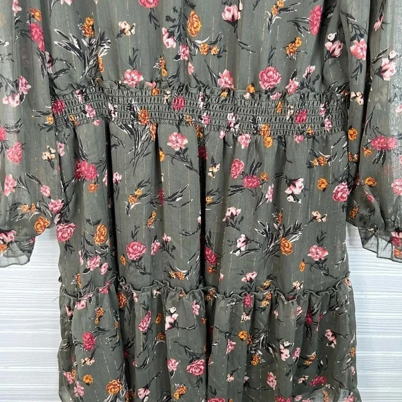 DREW Anthro Green Floral Print Dress Gold Stripes Long Sleeves Smocked Size L - Picture 12 of 16